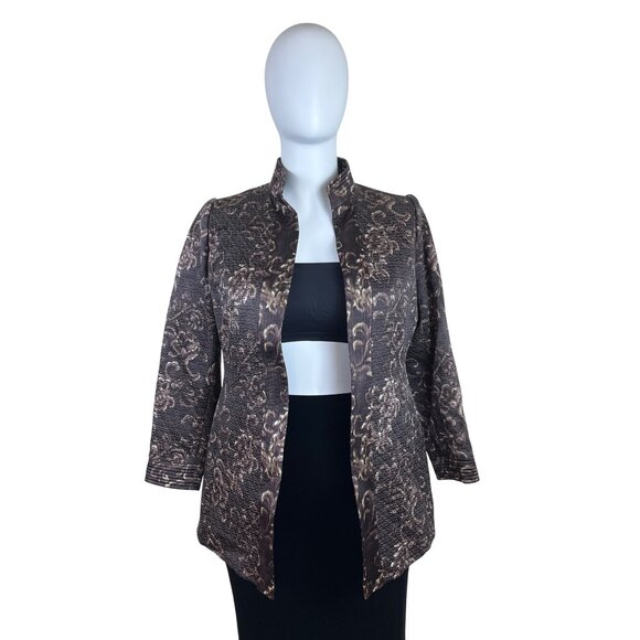 Linda Allard Ellen Tracy Brown & Gold Floral Print Open-Front Jacket Sz 16 - Picture 1 of 11